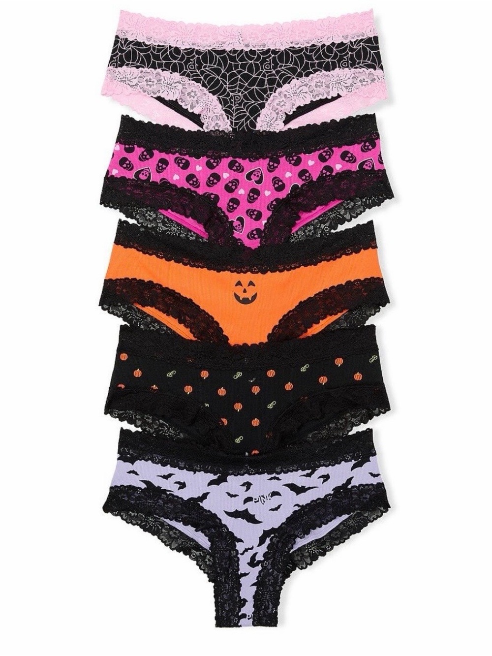 VS PINK HALLOWEEN Wink Lace Trim Cheeky Panties Large Multi 5 Pack NEW